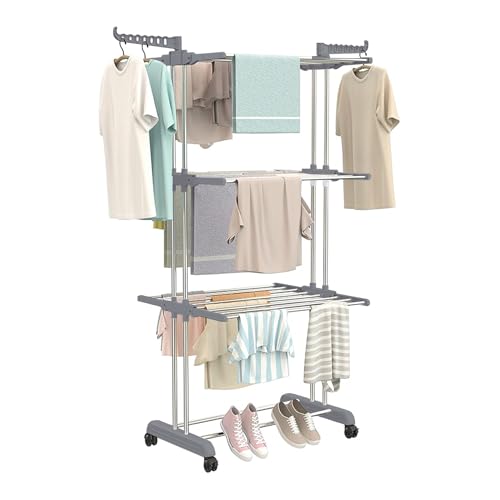 Image of ZOLMIX 3 Tier Stainless Steel Foldable Clothes Drying Stand Compact | Portable Cloth Dryer for Balcony /Indoor /Space Saving Cloth Hanger Stand with 24 Rods /Big Foldable Rack with Wheels (Grey)