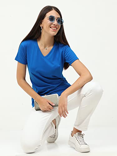 Image of FLEXIMAA Women's Cotton Plain V Neck Half Sleeve T-Shirt