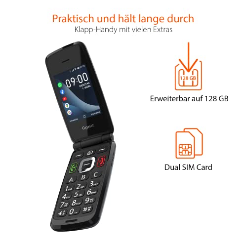 Gigaset GL7 - Internetfähiges Klapp-Handy ohne Vertrag - SOS-Funktion - einfache Bedienung mit großen Tasten & WLAN - Bluetooth- Hörgeräte-kompatibel - 4GB Speicher, Titanium-Grey