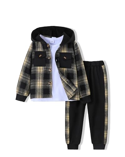Yhnslsf 3 Piece Boys Clothes 5t Boy Fall Winter Toddler Outfits Boys Size 6 Black Button Plaid Hoodie with Pockets Sweatpants T-shirt For Kids Boys Casual Toddler Boy Track Suit Clothing Set