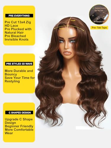 Image of Sunber Loose Body Wave Human Hair Glueless Auburn Brown Wig 18Inch | Wig with Drawstring Pre Everthing Pre Cut 13x4 HD Lace Frontal Wigs Pre Plucked Bleached Invisible Knots Put on Go Brown Wig