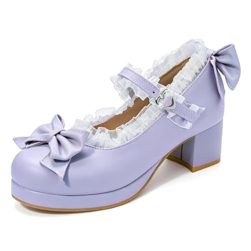 Image of LUXMAX Women Kawaii Mid Block Heel Mary Jane Rockabilly Pumps with Bow Platform Chunky Heel Cute Sweet Shoes