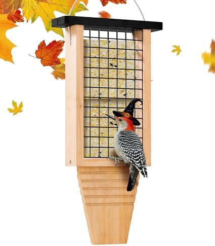 Gbekery Wooden Suet Bird Feeder for Outside Hanging, Large Woodpecker Suet Feeder with Tail Prop, Hanging Bird Feeder for Wild Birds, 1 Pack, Black