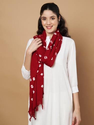 Image of Women's Cotton Rayon Bandhani Print Dupatta with Tassels 2.25 Meters | Women's cotton printed dupatta with tassels.