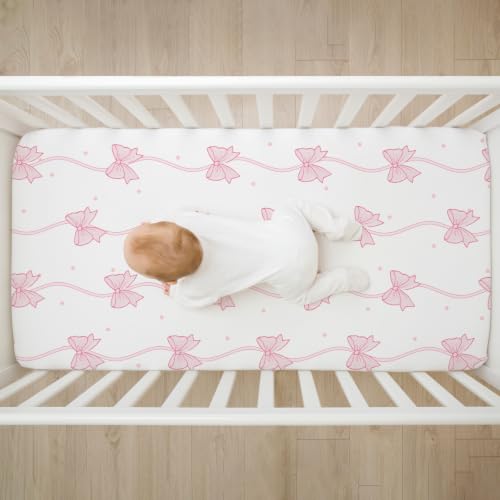 Image of 4 Pack Pink Bow Crib Sheet Set for Girl, Soft Breathable Fitted Pink Crib Sheet 28 x 52 in, Cowgirl Nursery Decor for Standard Crib and Toddler Bed Mattresses