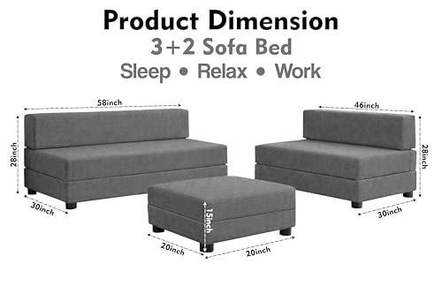 Image of Rosebell 3+2 Convertible Leg Sofa Cum Bed Set with Ottoman Foldable Modular Seating & Sleeper ? Space Saving Living Room Furniture Jute Fabric-Grey
