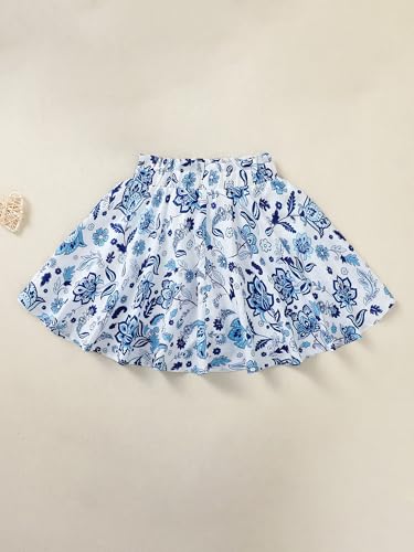 Image of Girls Holiday Skirt Floral Boho Summer Elastic Waist Flared A-Line Skirts with Shorts Underneath Blue 9-10 Years