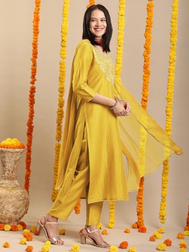 Image of GoSriKi Women's Rayon Viscose Embroidered Straight Kurta with Pant & Dupatta