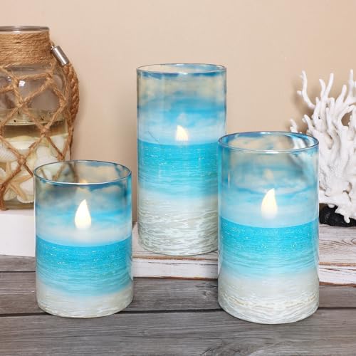 Image of Blue Flickering Flameless Candles with Remote - Glass Battery Operated LED Pillar Candles for Beach /Coastal Theme Wedding Decorations (Set of 3)