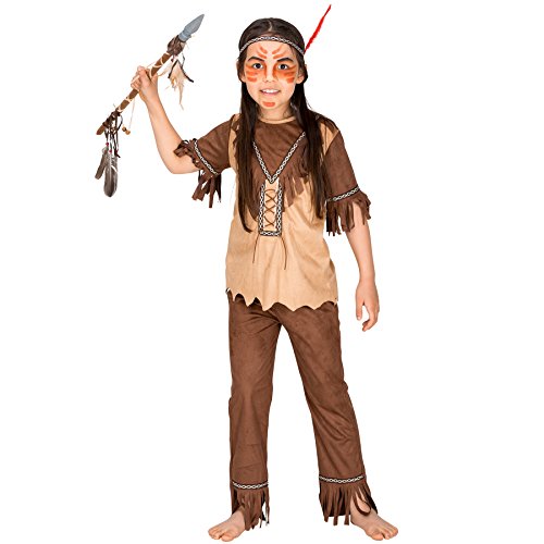 dressforfun Costume da Ragazza Indiana Sparviero Rosso | Parte superiore e pantaloni con dall’effetto pelle scamosciata | incl. Fascia per capelli con bordura e una penna (12-14 anni | No. 300663)