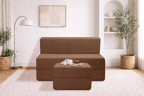 Image of Rosebell Foldable Sofa-Cum-Bed with Ottoman | 3-in-1 Convertible Sofa, Lounger & Bed 3x6 Feet One Seater Perfect for Home & Office - Brown Color