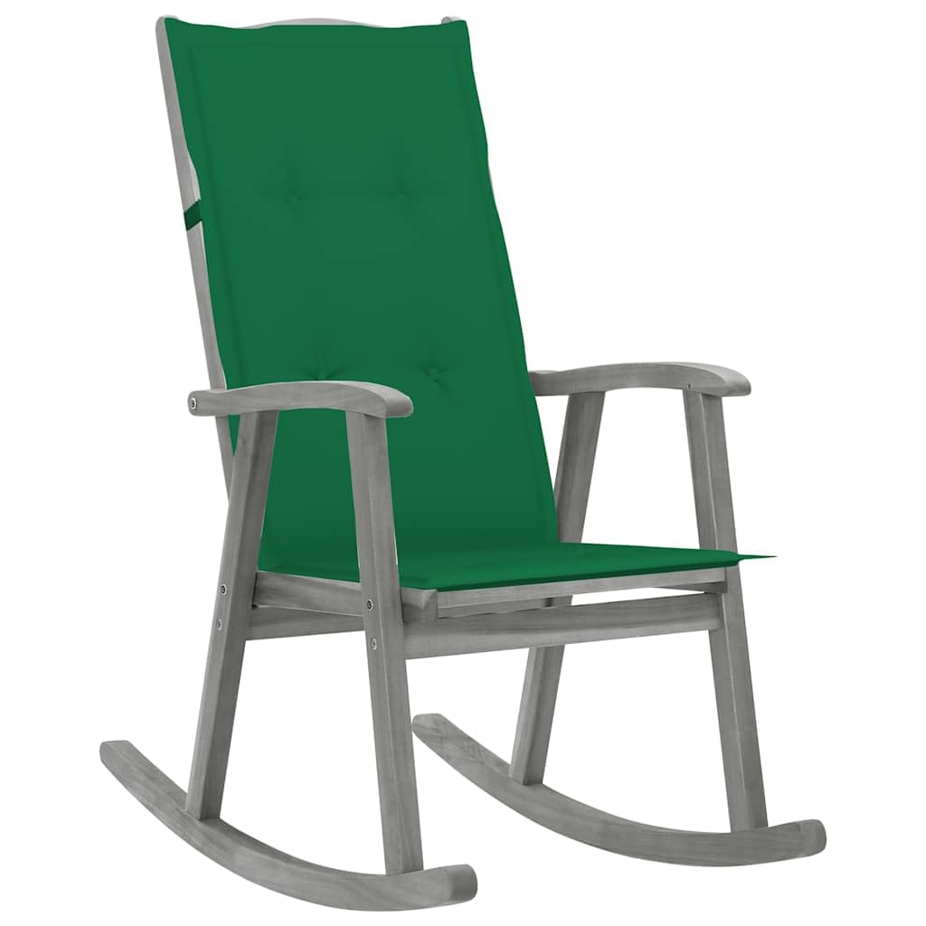 Silla mecedora gris de madera de acacia maciza, resistente a la intemperie, para jardín, terraza, balcón, con respaldo alto y cómodo cojín acolchado