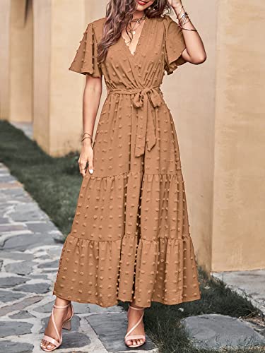 Image of MASCOMODA Women Boho Swiss Dot Maxi Dresses Wrap V Neck Flutter Short Sleeve Solid Tie Waist A Line Tiered Flowy Long Dresses