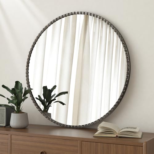 Lzuso Wall Hanging Mirror Round Metal Framed Circle Mirrors with Beaded for Bathroom Bedroom Entryway Home Decorative Bronze 45x45cm