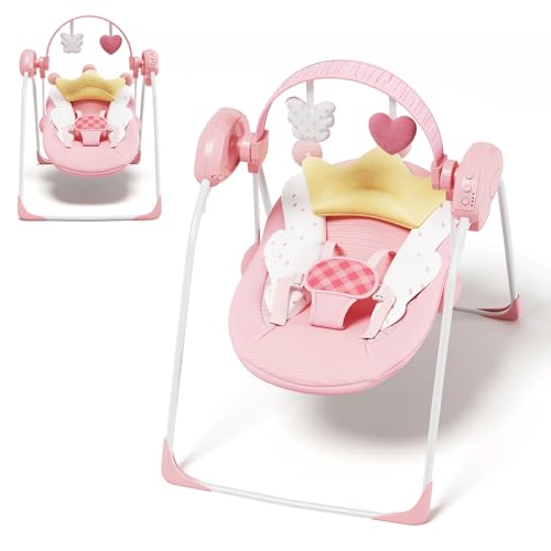 Baby Swings for Infants, Baby Girl Swing for Newborn, Portable Infant Swing with Music, Adaptable Speed, Timing, Soft Cushion, 0-9 Months 20 lbs(Pink)