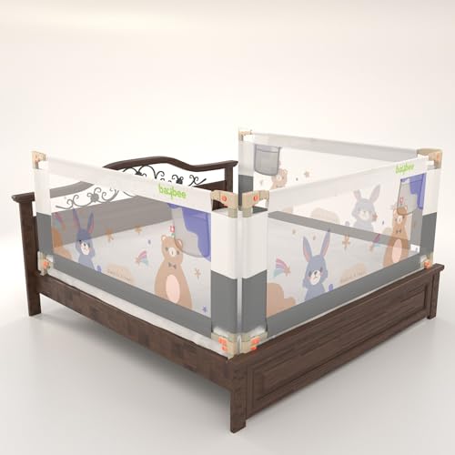 Image of BAYBEE Bed Railing for Baby Safety Guard for Kids | Bed Side Protector for Baby Falling Guard with 28 Level Height Adjustable & Portable Bed Rails for Babies (6FtX5FtX6Ft, 3 Sides, Grey /White)