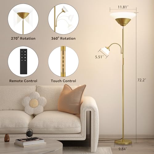 Image of SIBRILLE 2-in-1 Torchiere Floor Lamp, 34W Super Bright LED Standing Lamp with Remote & Touch Control, 72 inch Dimmable Adjustable Corner Reading Lamp for Living Room, Bedroom, Office, Gold