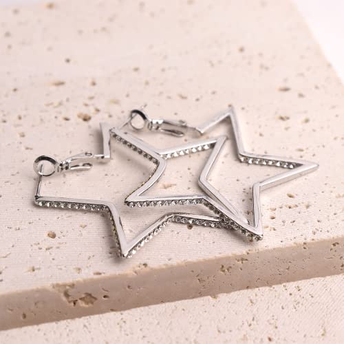 JeanBeau Big Star Rhinestone Hoop Earrings for Women Sparkly Bling Cubic Zirconia Diamond Large Statement Five-Point Star dangle Huggie Lightweight Prom wedding Bridal Jewelry Friends Gift4
