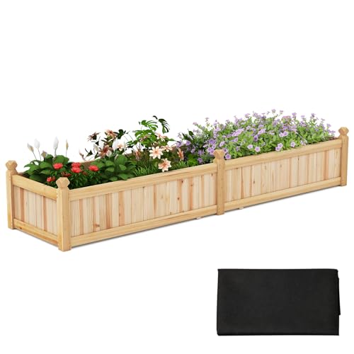 COSTWAY Raised Garden Bed, Wooden Planter Box Kit with Non-woven Liner, Movable Boards, Dividers & Drainage System for Climbing Vines Flower Vegetable, Outdoor Plant Grow Box Container (Natural)