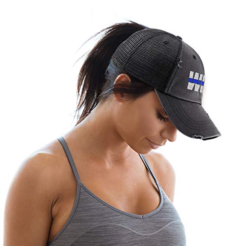 Speedy Pros Womens Ponytail Cap Wife Thin Blue Line Flag Embroidery Cotton Messy Bun Distressed Trucker Hats Strap Closure Black Design Only #TOP3