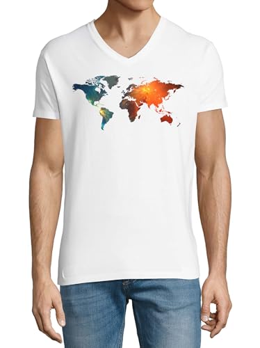 T-shirt col en V en coton blanc pour homme avec motif carte nébuleuse cosmique