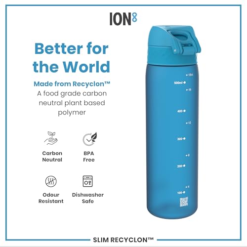 ION8 Water Bottle, 500 ml/18 oz, Leak Proof, Easy to Open, Secure Lock, Dishwasher Safe, BPA Free, Hygienic Flip Cover, Carry Handle, Fits Cup Holders, Easy Clean, Carbon Neutral, Blue - 5