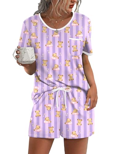 Image of Ekouaer Pajama Set for Women 2 Piece Lounge Set Short Sleeve Tops and Shorts Soft Sleepwear, Chest Pocket