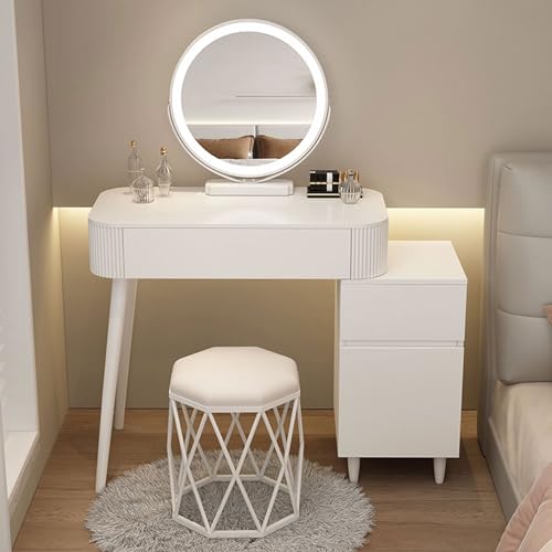 Tocador moderno con espejo y luces LED ajustables, 3 cajones espaciosos, elegante juego de tocador con taburete para dormitorio, elegante estación de maquillaje, decoración del hogar