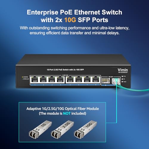 Image of VIMIN 10-Port 2.5G PoE Switch Unmanaged, 8X 2.5G Base-T PoE Ports, 2X 10Gbps SFP, 8 Port PoE Switch w / 60Gbps Ethernet Switching Capacity, Support IEEE802.3af /at, 65W, VLAN, Metal Housing, Fanless