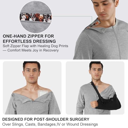 Chemo Port Access Long Sleeve Shirt for Men - Post Shoulder Surgery Recovery with One-Hand Zipper & Puppy Flap2