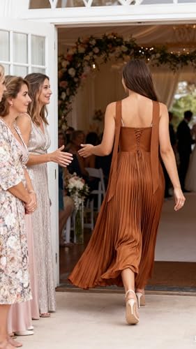 Bridesmaid Dresses for Women Drawstring Spaghetti Straps Pleated Maxi Dress Scarf Satin DN0544