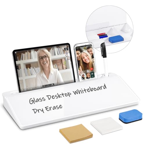 Image of Desk Whiteboard Dry Erase Glass Desktop Whiteboard, Deskboard Buddy with Storage Organizer & Notepad Desktop Buddy Keyboard Stand for Home Office School Accessories Supplies