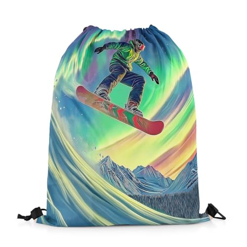 Erosebridal Aurora Skiing Drawstring Backpack 13x15.7, Winter Ski Themed Drawstring Bags, Snowboard Skier Reversible Draw String Back Bag For Swim Yoga, Snow Mountain Scene String Backpack2