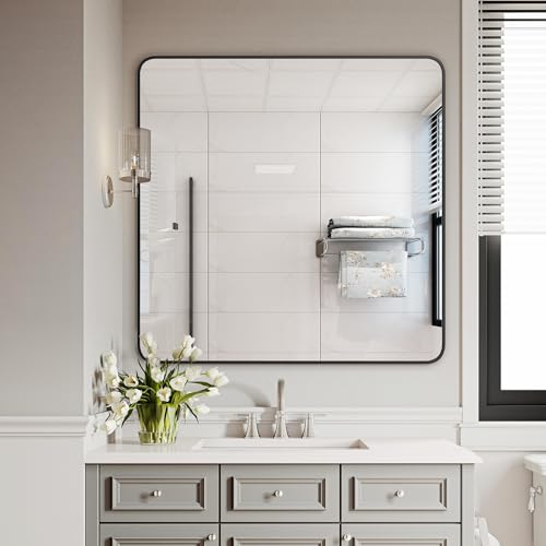 Image of Delma Bathroom Vanity Mirror, Black Framed Mirror for Over Sink, 30x30 | HD glass, distortion-free for makeup and grooming, Sturdy frame, all mounting hardware, hangs horizontal or vertical