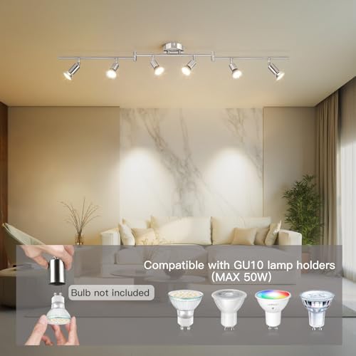 Ketom Deckenstrahler LED 6 Flammig Silber, Deckenlampe GU10 LED, Schwenkbar Strahler Innen Decke, Deckenlampe Spots Metall, Modern Deckenleuchte Strahler für Wohnzimmer Küche, Ohne Leuchtmittel