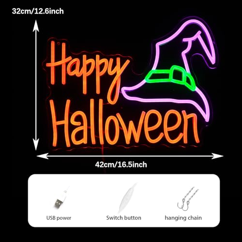 Image of Happy Halloween Neon Sign Mysterious Purple Green Hat LED Neon Light for Wall Decor Dimmable USB Powered Halloween Light Up Sign for Halloween Decor Home Spooky Party bedroom Decor(16.5 * 12.6 In)