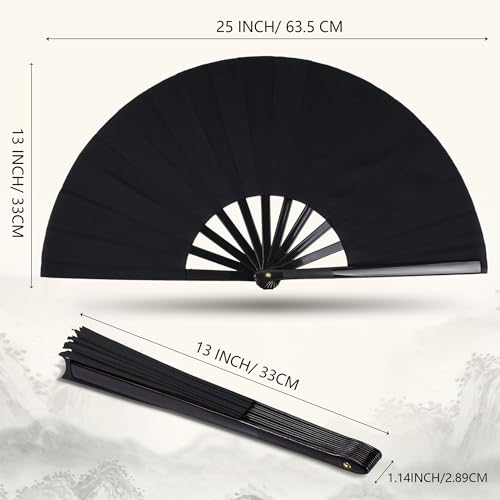 MDDRUIQI Hand Fans for Women Foldable - Rave Fan - 2 Pack Large Folding Fan | Halloween Party Favors - Nylon-Cloth Vintage Retro Fabric Fans Chinese Kung Fu Tai Chi Festival Dance Hand Held Fan