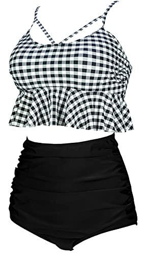 COCOSHIP Women's Retro Boho Flounce Falbala High Waist Bikini Set Chic Swimsuit(FBA)2