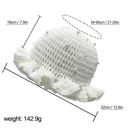 Hshsclth Women Starry Pearl Crochet Hat Handmade Beaded Trim Knitted Bucket Hats Solid Color Fashion Ruffled Brim Bucket Hat (US, Alpha, One Size, White) - image 5