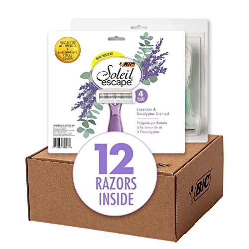 BIC Soleil Escape Women s Disposable Razors, 4 Blade Razor, Moisture Strip With 100% Natural Almond Oil, Lavender and Eucalyptus Scented Handles, 12 Pack