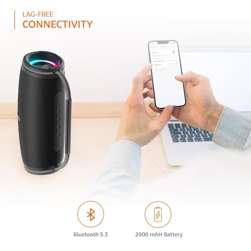 Image of amazon basics Bluetooth 16W Speaker, with TWS Function, Powerful Bass, BT 5.3, MicroSD Card Slot, RGB Lights, AUX Input, USB Support, and in-Built Noise Cancelling Mic (Black)