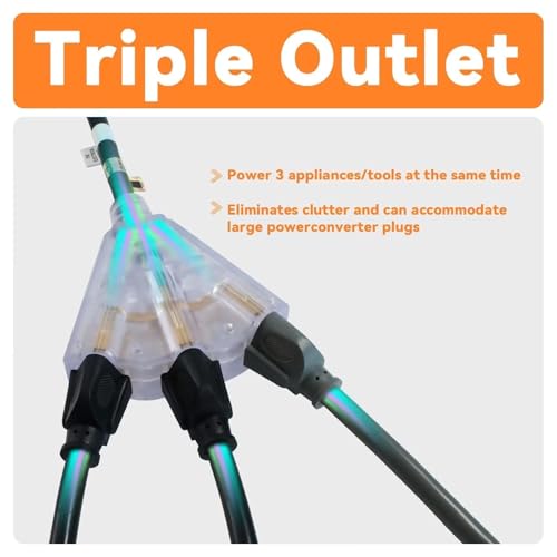 EP 50 Ft Lighted Outdoor Extension Cord with 3 Electrical Power Outlets - 12/3 SJTW Heavy Duty Black Extension Cable with 3 Prong Grounded Plug for Safety, UL Listed by EP - Image 3