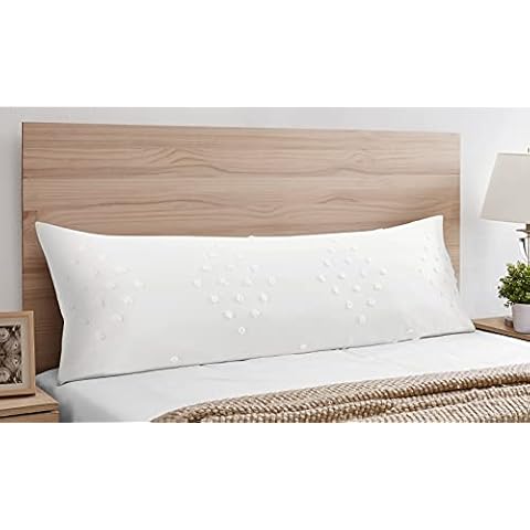 Boho Shabby Chic Diamond Bohemian Ivory Textured Tufted Accent Decorative Couch Long Throw Zipper Body Pillow Cover Case 54x20 Neutral Modern Polka Dot PomPom Off White Bedroom Living Room Decor Dorm Cover