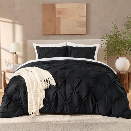 Image of Andency Oversized King Pinch Pleat Comforter Set (120 inchx98 inch),3 Piece Lightweight Pintuck Bedding Comforters & Sets, Fluffy Down Alternative Comforter with 2 Pillow Shams for All Season,Black