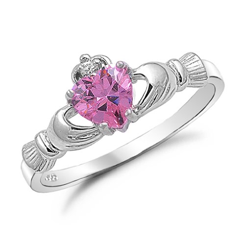 Kriskate & Co. Irish Claddagh Ring .925 Sterling Silver with Simulated Pink Sapphire Heart Promise Ring Size 11