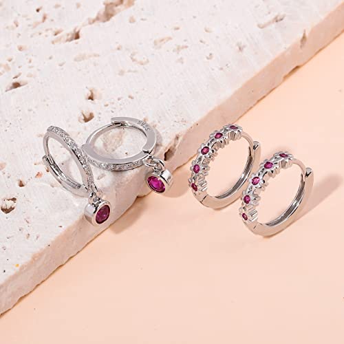 Cinily Dangle Hoop Earrings Sets For Women Hypoallergenic,2 Pairs Dainty Small Huggie Earrings Rose Red Cubic Zircon 14K White Gold Plated Lightweight Tiny Flower Hoops For Girls Sensitive Ears #TOP2