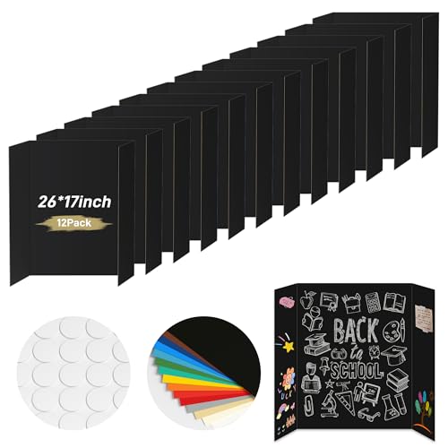 Image of PSHVYM 12 Pcs Black Trifold Poster Board, 26 x 17 inches with Double Sided Tapes and Cardboard, Corrugated Presentation /Display Board for School Project, Science Fair, Business