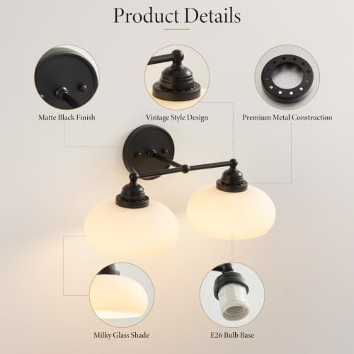 Image of Vintage Milk Glass Wall Sconce,2 Lights Matte Black Bathroom Vanity Light | Mid Century Modern Black Bathroom Sconce over Mirror,Milk White Glass Wall Lights Decor Lamp for Bedroom Living Room Hallway