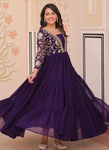 Image of FOXDX Womens Faux Georgette Sequence Embroidered Ankle Length Anarkali Gown for Women| Festival | Trending |