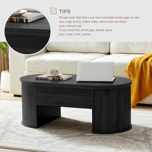 Image of QHITTY Fluted Coffee Table with Lifting Top, Oval Wood Lift Top Coffee Table with Hidden Compartment, Mid Century Pull up Center Tables for Living Room, Office - Black